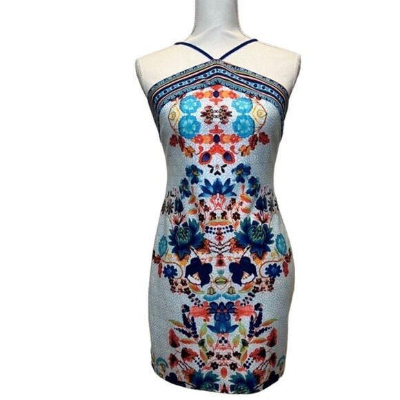 Bisou Bisou Blue Floral Print Dress Adjustable Halter Strap Top Zip Back Size 4 - Picture 1 of 12